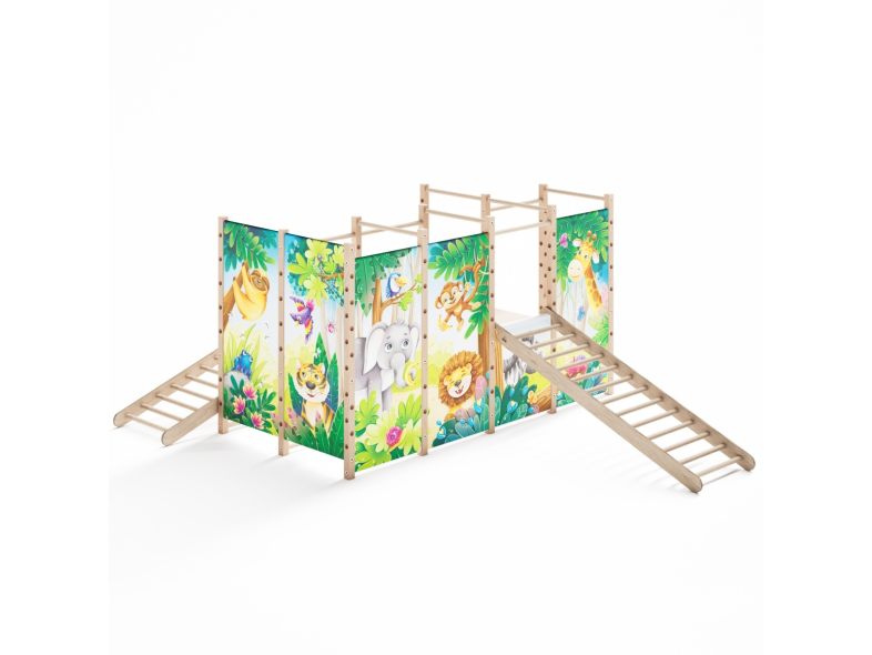 Large Montessori playground with two wooden ladders