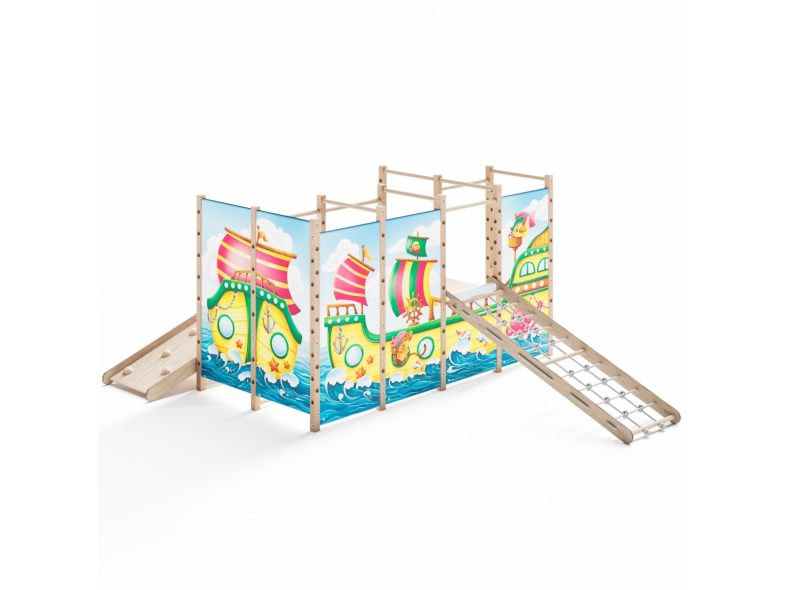 Large Montessori playground with rope ladder and climbing ramp